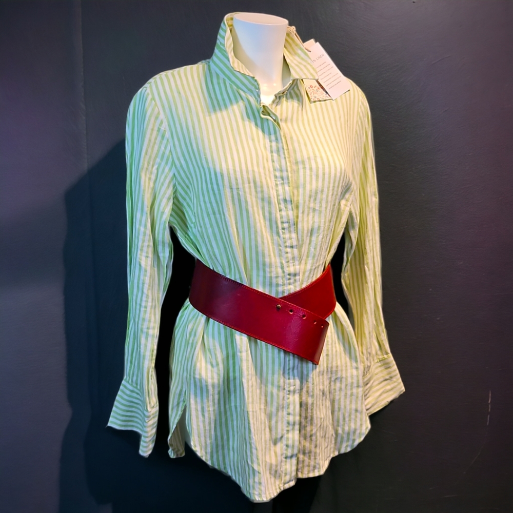 BNWT fits UK size 14 16 v pretty lime stripe linen shirt tunic dress long blouse - Picture 1 of 16